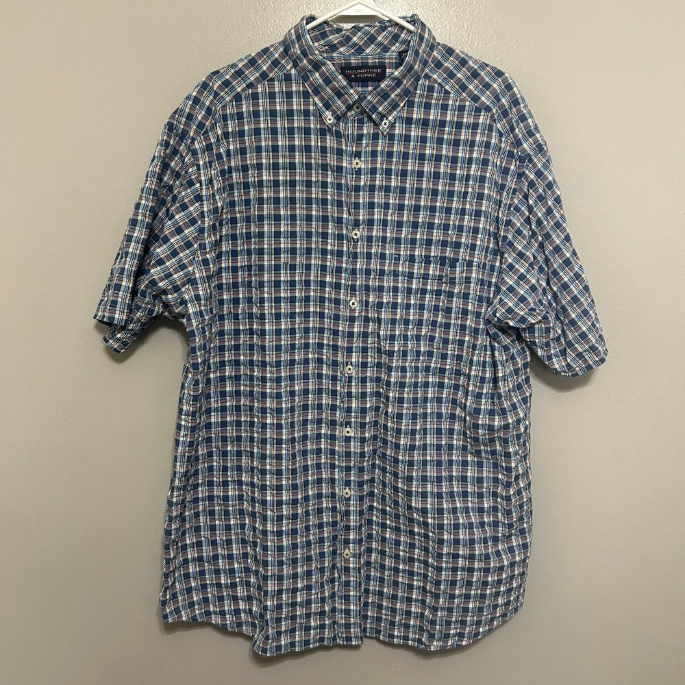 Roundtree & Yorke Button Down Men 2XT Blue Plaid Short Sleeve Cotton Preppy Tall